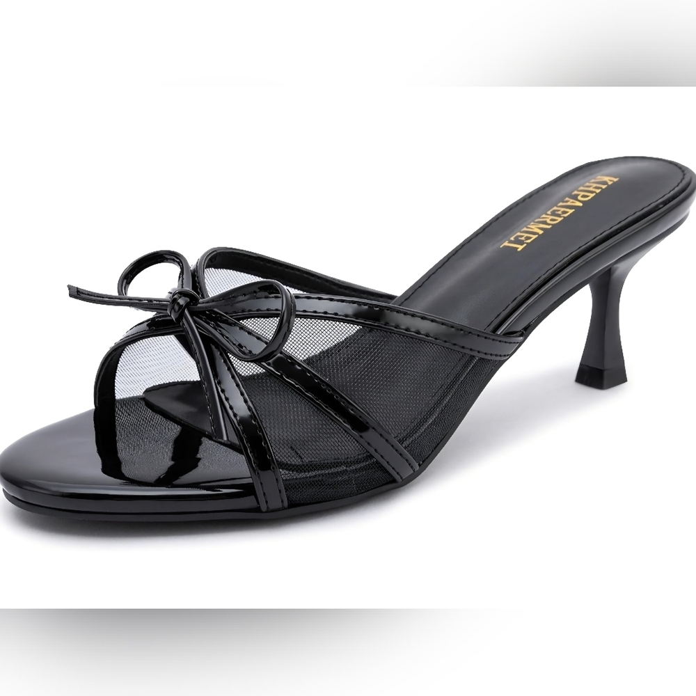 Black Mesh Bow Kitten Heel Mules Size 9 Slip-On Dress Sandals NWT